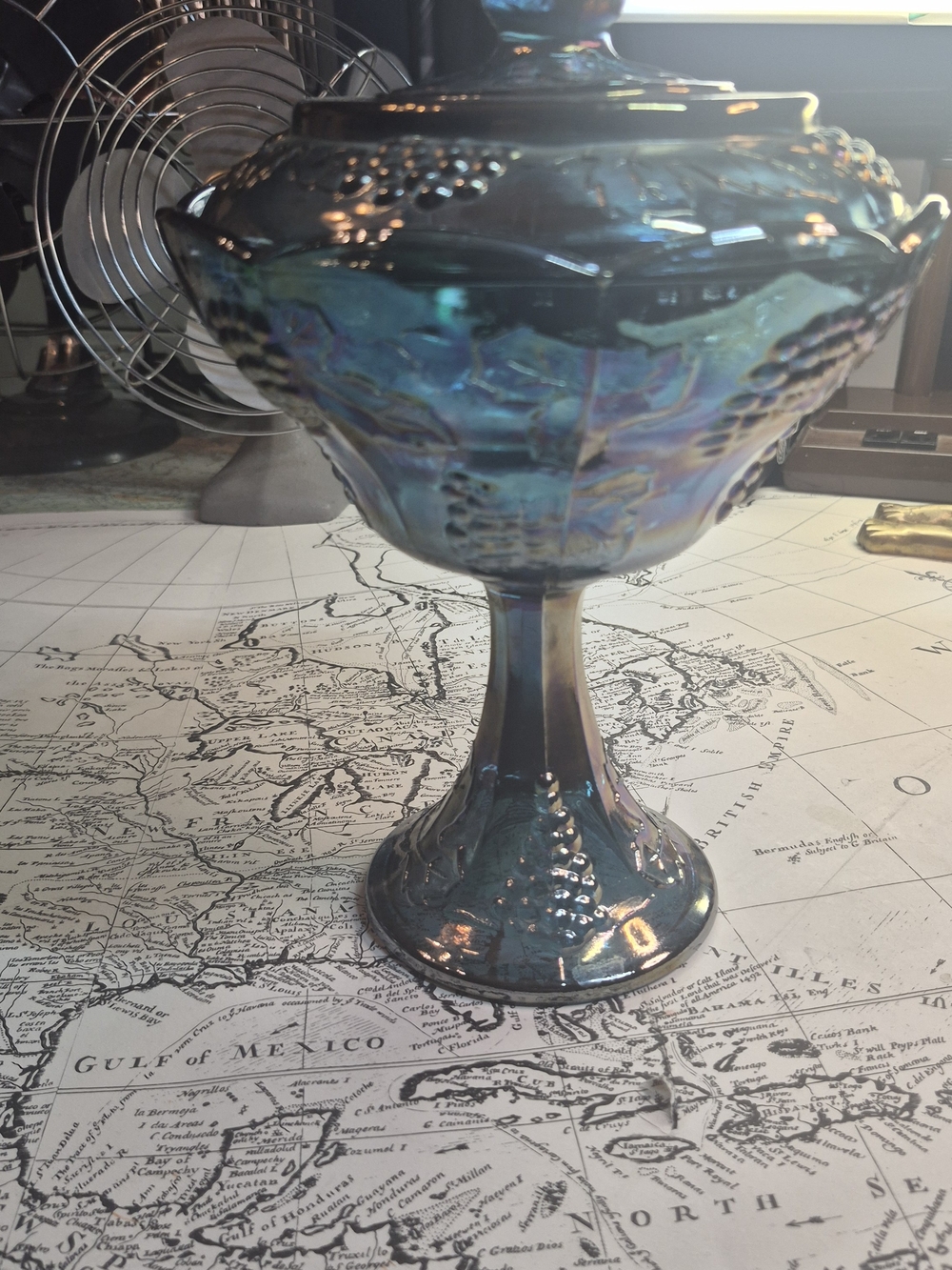 Iridescent Blue Carnival Glass Covered Compote -